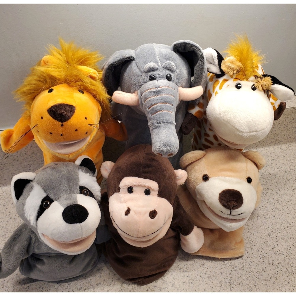 Lot 6 JOYIN Zoo Animal Plush Lined Hand Puppets Moving Mouth 8" Soft & Cuddly